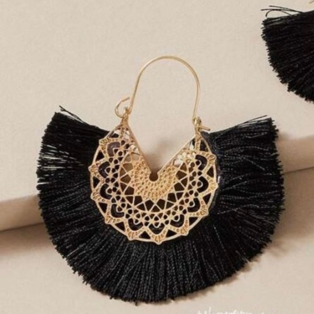 Black and Gold Fan Tassel Post Dangle Earring - Picture 2 of 2
